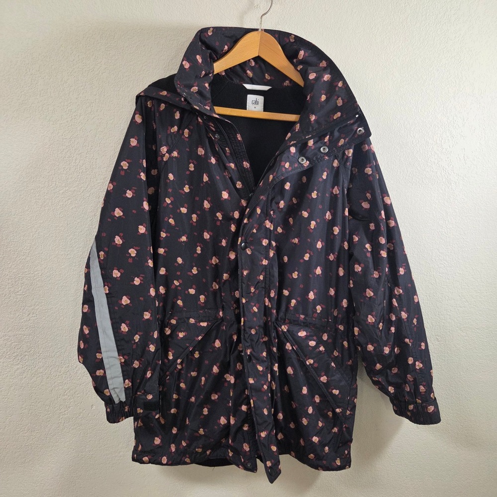 Cabi Floral Hooded Parka Jacket Black Pink Reflective Stripe Fleece Lined Medium